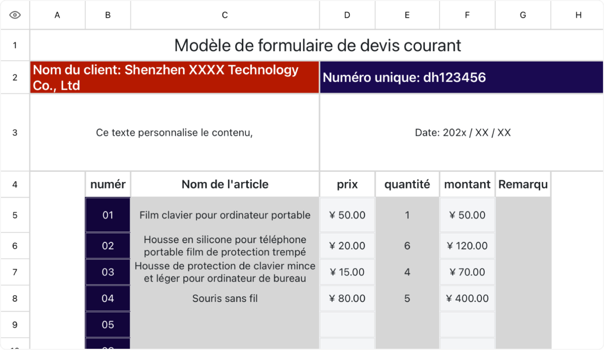 Formulaire de devis courant